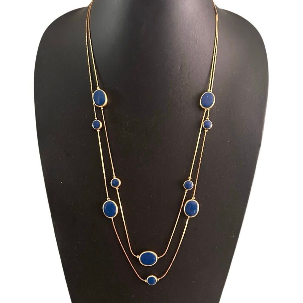 Vtg AVON Station Necklace & Matching Dangling Earrings Set Gold-tone Blue Enamel